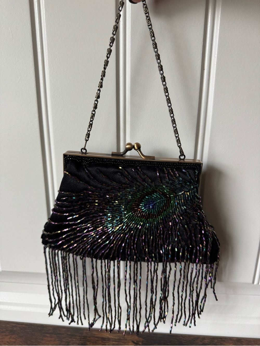 Menbur Peacock Beaded Kiss Lock Evening Bag Fringe Chain Purse - Picture 3 of 11